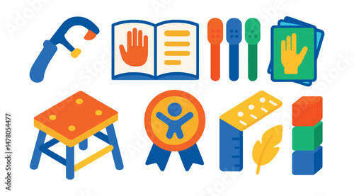 Isometric flat vector set of illustrations of inclusive maker kits: one-handed tool, large-print manual, tactile markers, visual instruction cards, adjustable workbench, inclusive badge, assistive