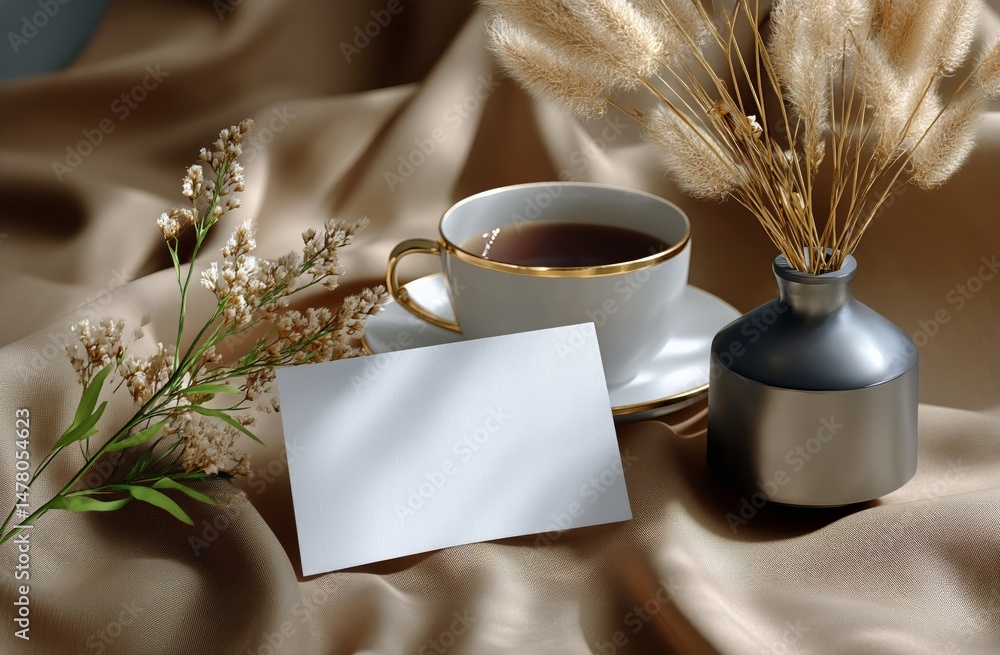 Decorative Arrangement of Dried Flowers and a Blank Card on Fabric Backdrop