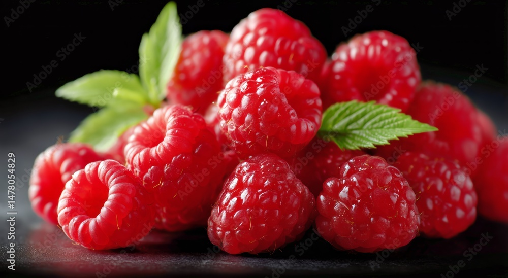 Fresh and Vibrant Raspberries Arranged With Green Leaves on a Dark Surface
