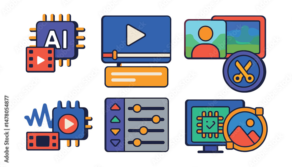 Isometric flat vector set of illustrations of AI-powered video editing: scene detector icon, automatic caption tab, background blur tool, cut & trim dial, audio sync feature, transition panel, smart