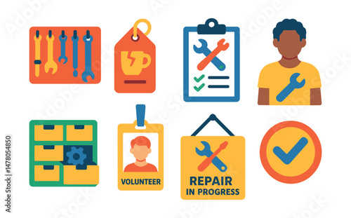 Isometric flat vector set of illustrations of community repair cafés: tool sharing rack, broken item tag, repair form, skill mentor icon, parts drawer, volunteer badge, repair in progress sign, fixed