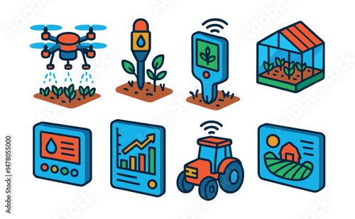 Isometric flat vector set of illustrations of smart farming technologies: drone sprayer, soil moisture sensor, crop health scanner, automated greenhouse, irrigation control panel, yield forecast
