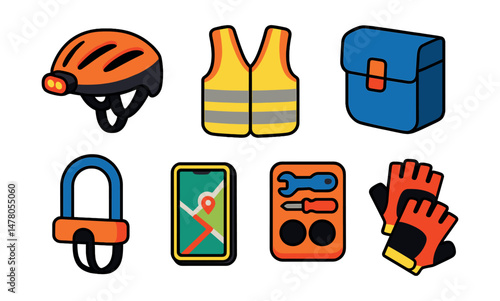 Isometric flat vector set of illustrations of bicycle commuting gear: helmet with light, reflective vest, pannier bag, bike lock icon, route tracker, repair kit, water bottle holder, cycling gloves.