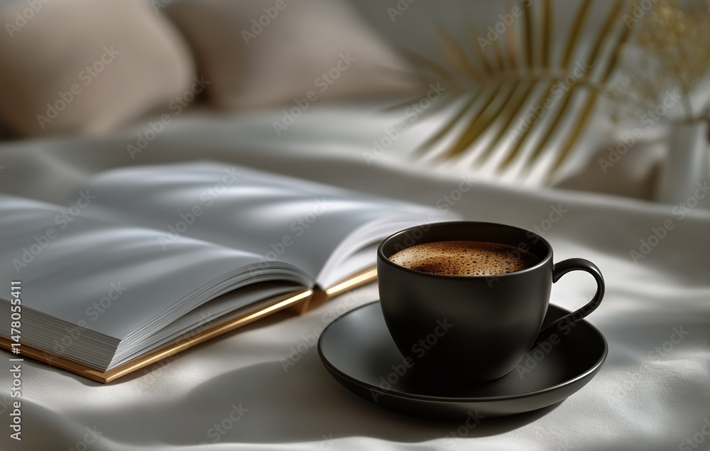 Cozy Morning on a Soft Bed With Coffee and an Open Book Under Soft Light
