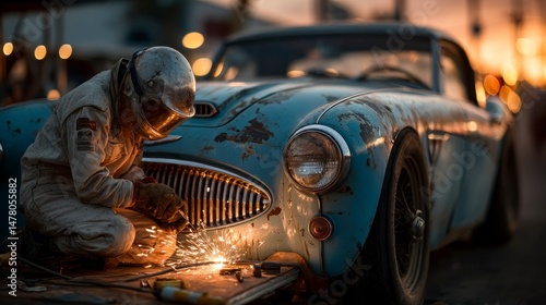 Craftsman Restoring Vintage Car with Welding Sparks at Sunset