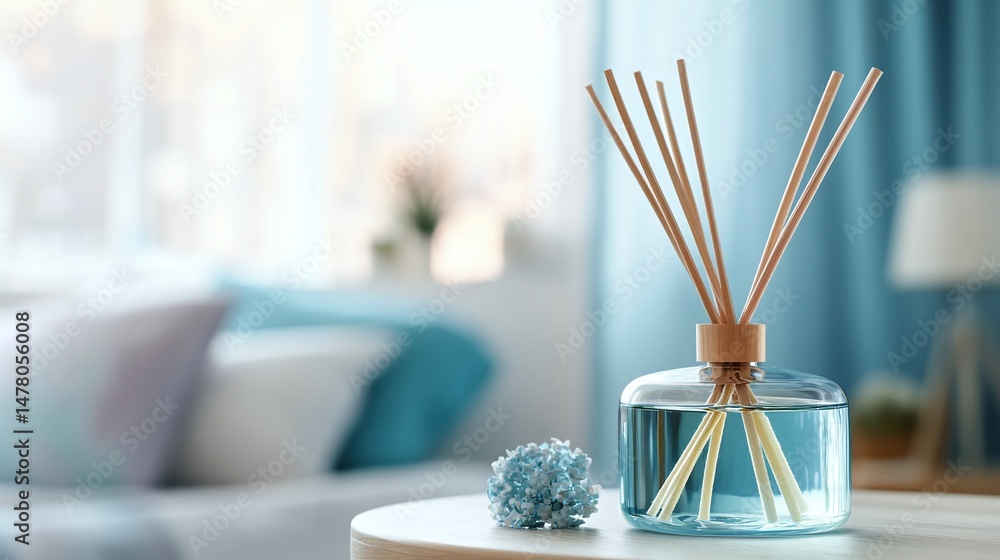 Fototapeta premium Liquid home fragrance in a diffuser with wooden sticks on table in bedroom