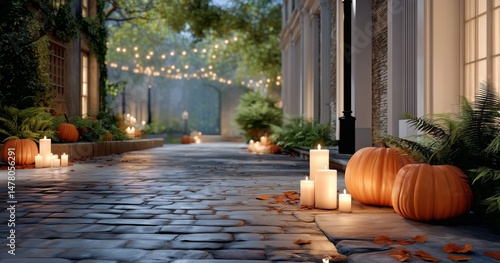 Mysterious Pumpkin Path in a Misty Forest During Autumn Evening