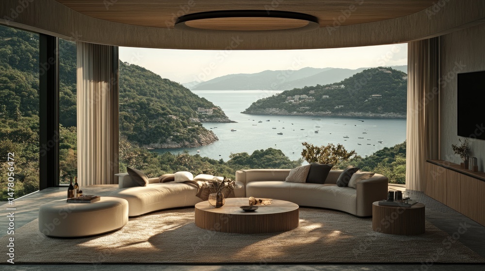 Fototapeta premium Panoramic ocean view from a modern living room.