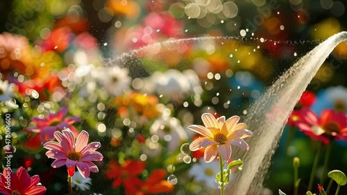 Wallpaper Mural In this vibrant garden, colorful flowers bloom as a gentle stream of water nourishes them. Sunlit droplets add sparkle to the scene. Torontodigital.ca