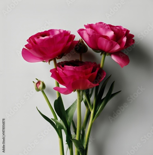 Beautiful Bouquet of Bright Pink Ranunculus Flowers Against a Neutral Background