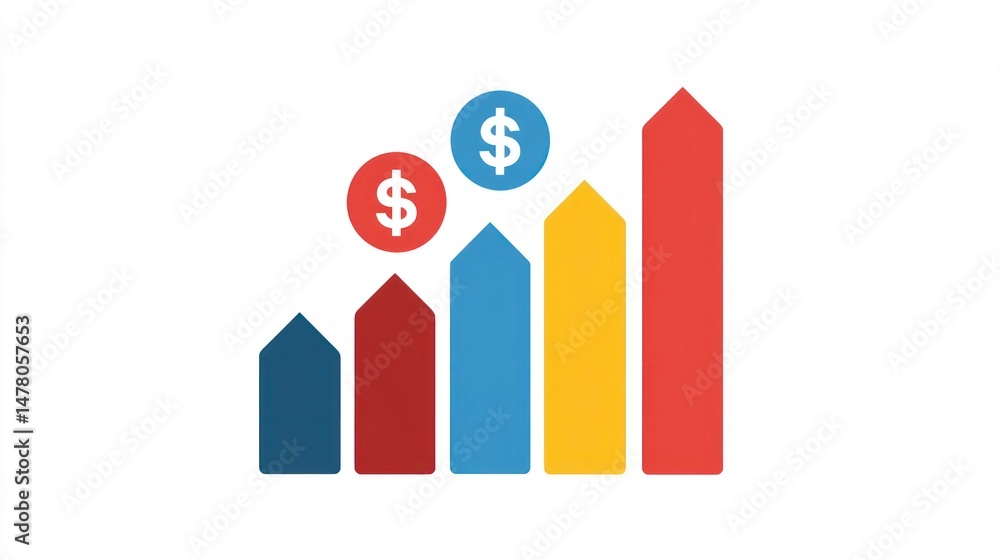 Financial Growth Illustrated with Colorful Bar Graph and Dollar Signs Financial Growth Illustrated with Colorful Bar Graph and Dollar Signs