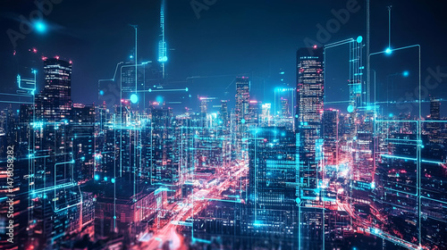 Wallpaper Mural Vibrant Night Cityscape with Glowing Network Connections Torontodigital.ca