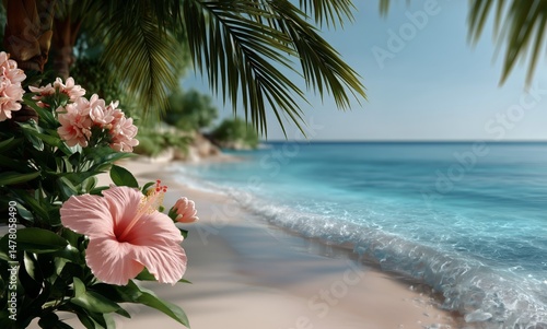 Blooming Hibiscus Flowers by the Serene Tropical Beach at Sunrise