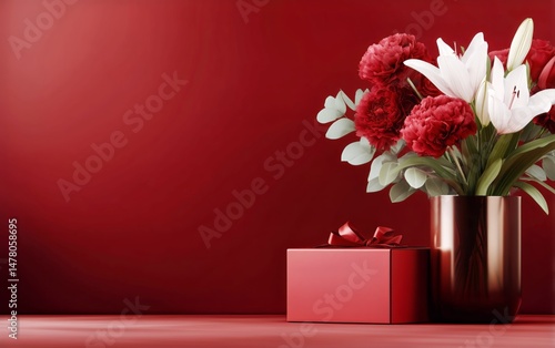 Beautiful Bouquet of Red Flowers and a Gift Box on a Red Background for Special Occasions