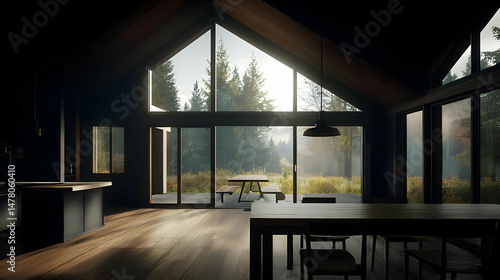 Modern cabin interior with large windows showcasing a misty forest.  Wooden floors, dark walls, and a simple, airy design.  A patio space and dining area are visible