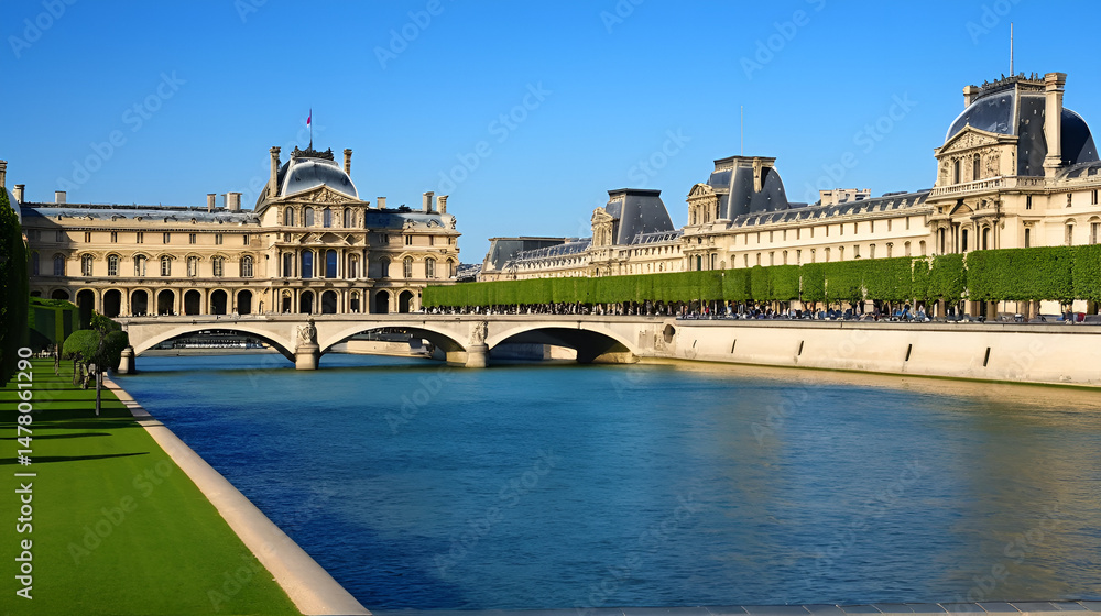 Obraz premium View of the museum Louvre and Pond Royal from Seine river