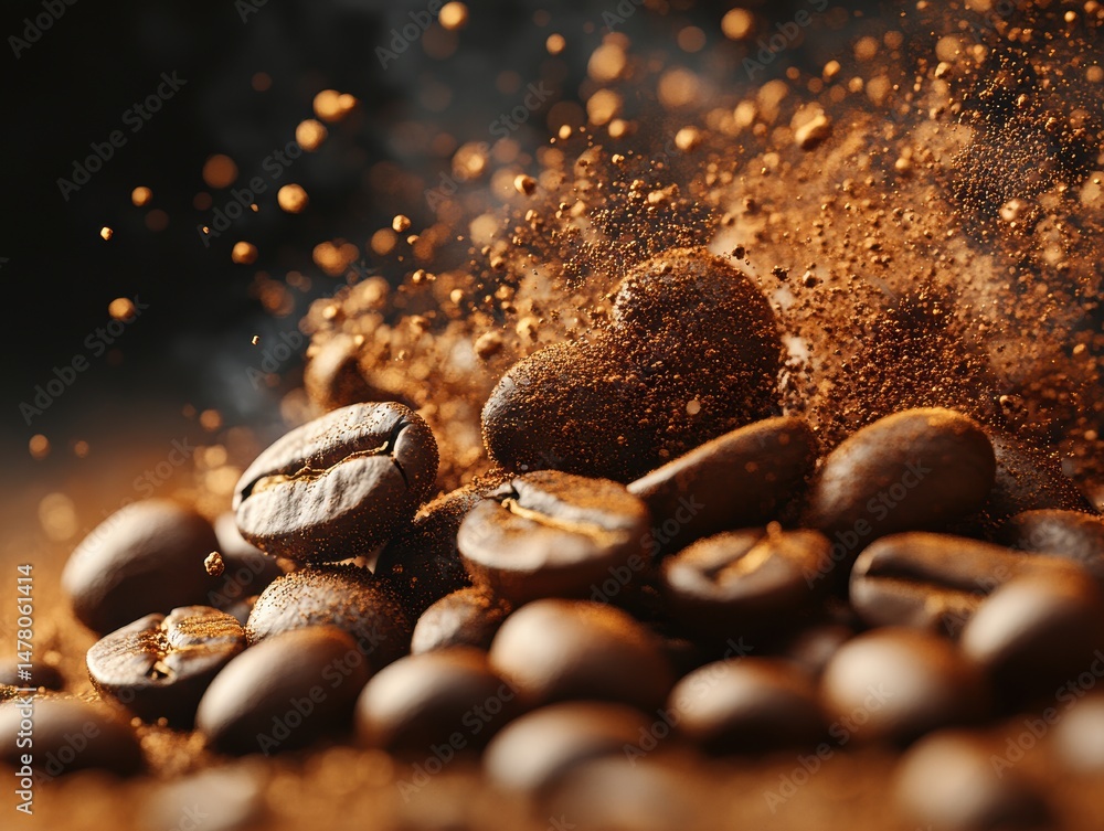 Close-up of coffee beans with a dynamic explosion of ground coffee particles Close-up of coffee beans with a dynamic explosion of ground coffee particles