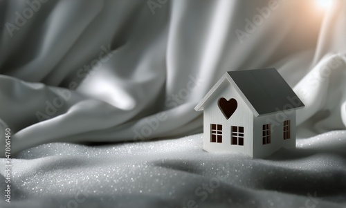 Small Wooden House Model on Soft Fabric With Heart Shape During Warm Light