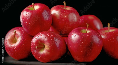 Fresh Red Apples Glistening With Water Droplets on a Dark Background