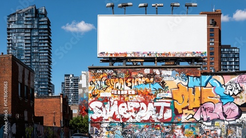 blank billboard featuring a white frame on top of an art school building, painted murals below, gritty realism, sharp details, architectural edge alignment