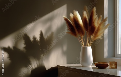 Elegant Pampas Grass Arrangement Casting Shadows in a Cozy Interior Setting During Golden Hour