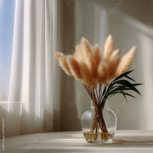 Elegant Arrangement of Soft Pampas Grass in a Glass Vase Near a Sunlit Window