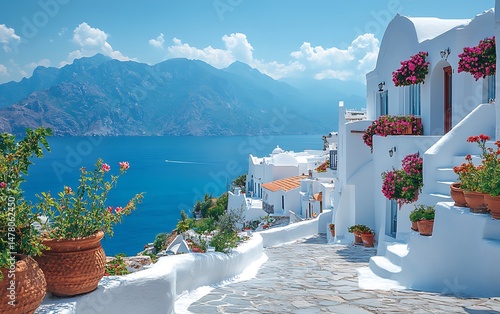 Bright sunny day in charming Greek island village high resolution photo