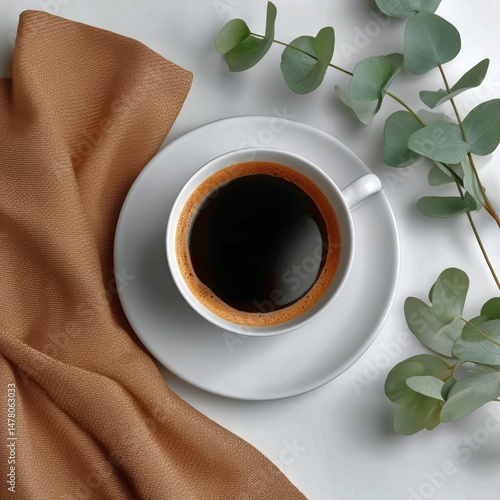 Freshly Brewed Coffee in a White Cup Surrounded by Greenery and Textile on a ...