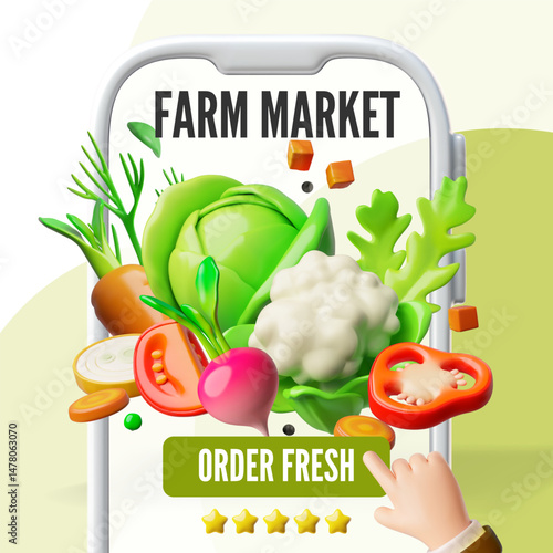Farm market shopping, order fresh vegetables and greenery delivery service on smartphone screen 3D plastic style vector