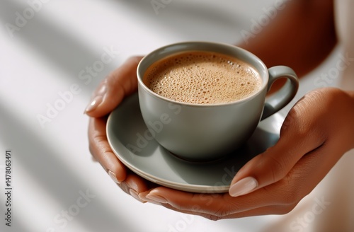 Warm Coffee Held Delicately in Hands on a Smooth Surface During a Serene Morning