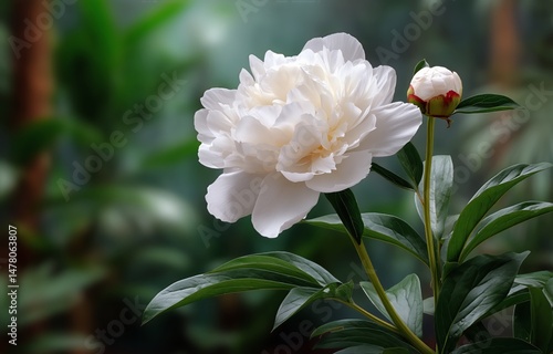 White Peony Blooming in a Garden Offering a Glimpse of Natures Beauty in Springtime