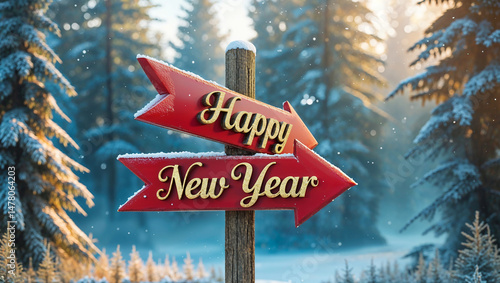 Obraz na płótnie on the pole there is a direction arrow with the inscription Happy New Year the backdrop of a winter forest, sunny day
w salonie