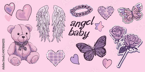 Aesthetic sticker set with pastel teddy bear, angel wings, butterflies, hearts, roses, chains, and “angel baby” text. Soft purple and pink colors create a dreamy, cute collage vibe.