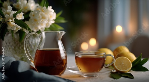 Warm Cup of Tea With Fresh Lemons and Flowers in a Cozy Setting at Evening