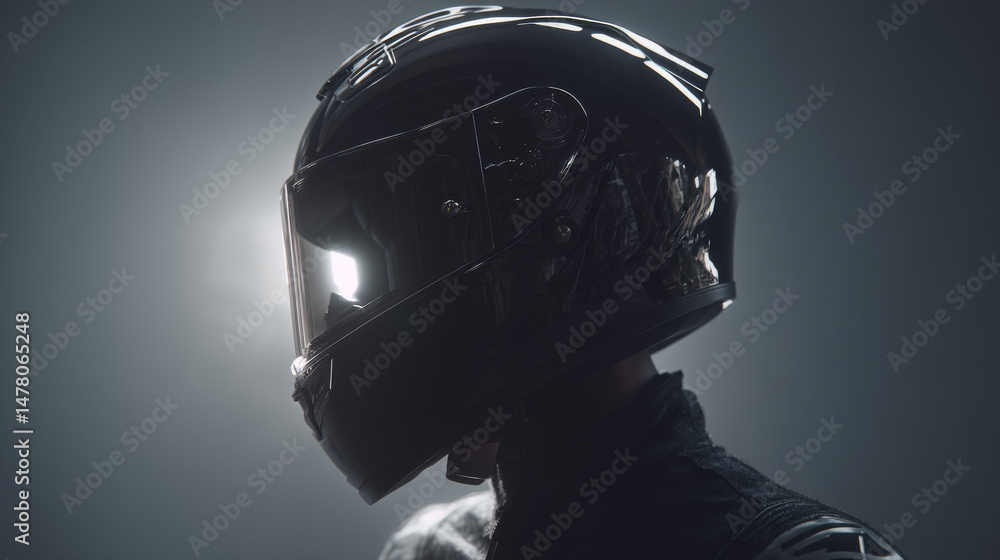 Fototapeta premium A close-up of a racer wearing a black helmet against a dramatic light backdrop.