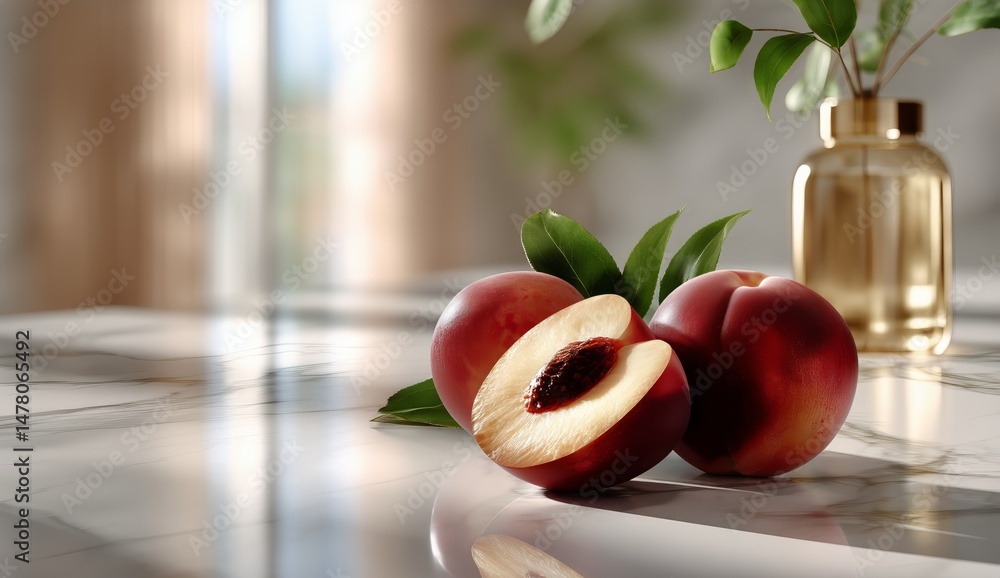 Fresh Ripe Peaches Arranged on a Marble Countertop With a Vase of Flowers in Natural Light