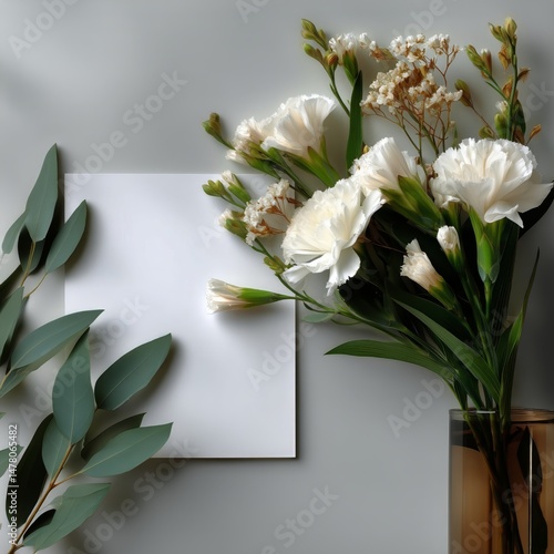 Elegant White Floral Arrangement With Green Eucalyptus on Gray Background