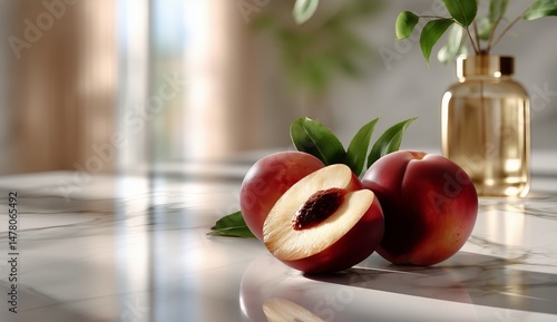 Obraz na płótnie Fresh Ripe Peaches Arranged on a Marble Countertop With a Vase of Flowers in Natural Light w salonie