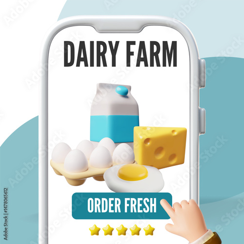 Dairy farm shopping, order fresh food delivery service on smartphone, 3D vector online order of milk, cheese and eggs