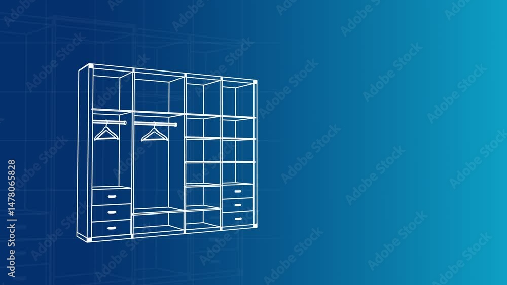 Drawing of construction of wardrobe on blue background. 3D animation of furniture assembly process. Concept of custom furniture business. Video 4K