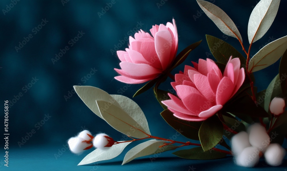 Colorful Paper Flowers Arranged With Green Leaves on a Blue Background Showcasing Artistic Design Elements