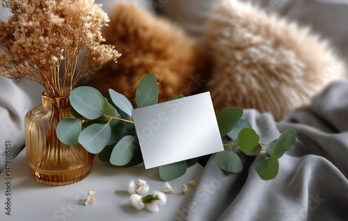 Stylish Home Decor With Dried Flowers, Eucalyptus Leaves, and a Blank Card on...
