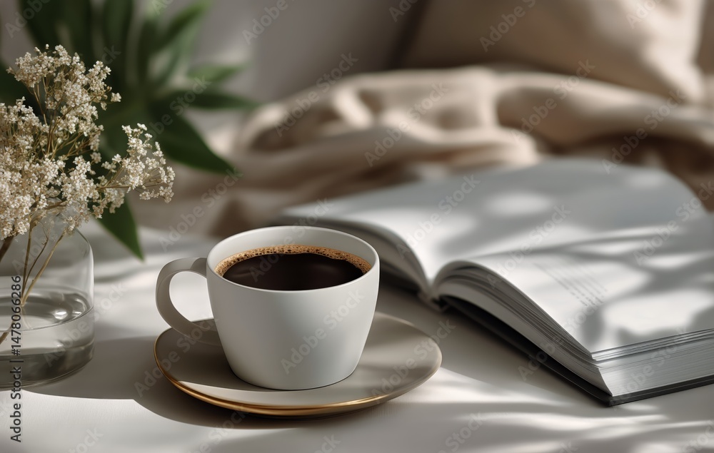 Morning Coffee Ritual Alongside an Open Book and Delicate Flowers in a Serene Indoor Setting