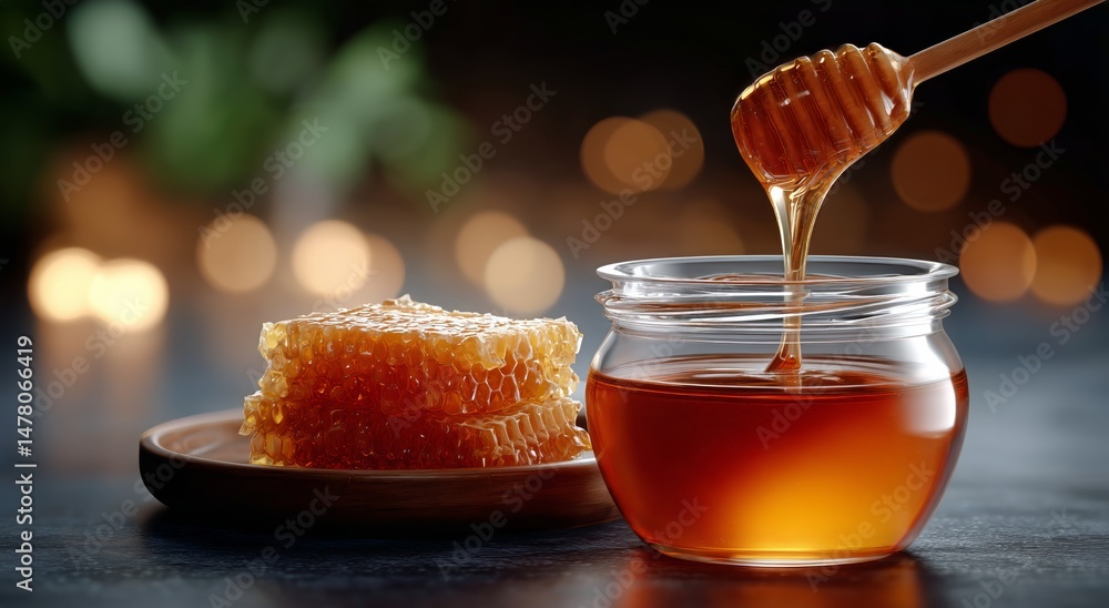 Golden Honey Drips From Wooden Dipper Into Jar With Honeycomb Nearby in Warm Ambient Light