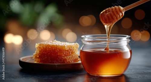 Obraz na płótnie Golden Honey Drips From Wooden Dipper Into Jar With Honeycomb Nearby in Warm Ambient Light w salonie