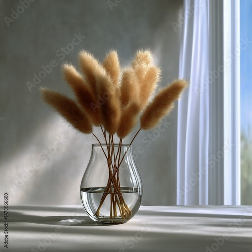 Soft Pampas Grass Displayed in a Clear Vase on a White Table, Illuminated by ...