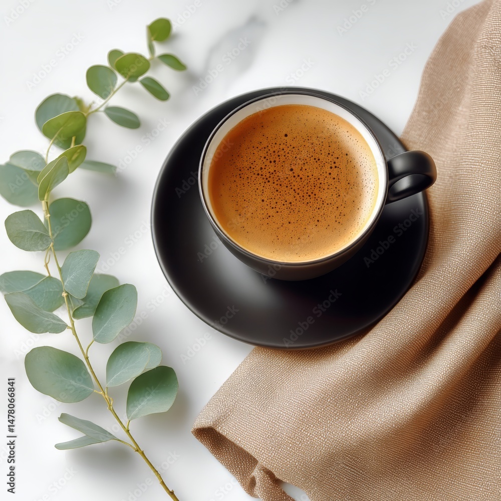 Freshly Brewed Coffee in a White Cup Surrounded by Greenery and Textile on a Clean Surface