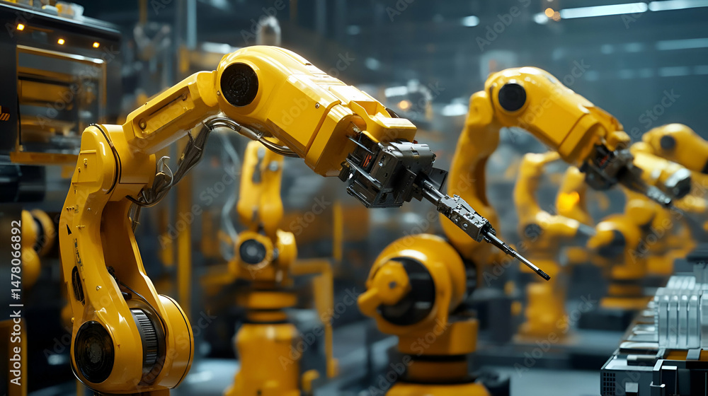 Yellow Industrial Robots on Assembly Line in a Modern Factory Yellow Industrial Robots on Assembly Line in a Modern Factory