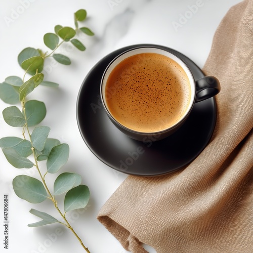 Obraz na płótnie Freshly Brewed Coffee in a White Cup Surrounded by Greenery and Textile on a Clean Surface w salonie