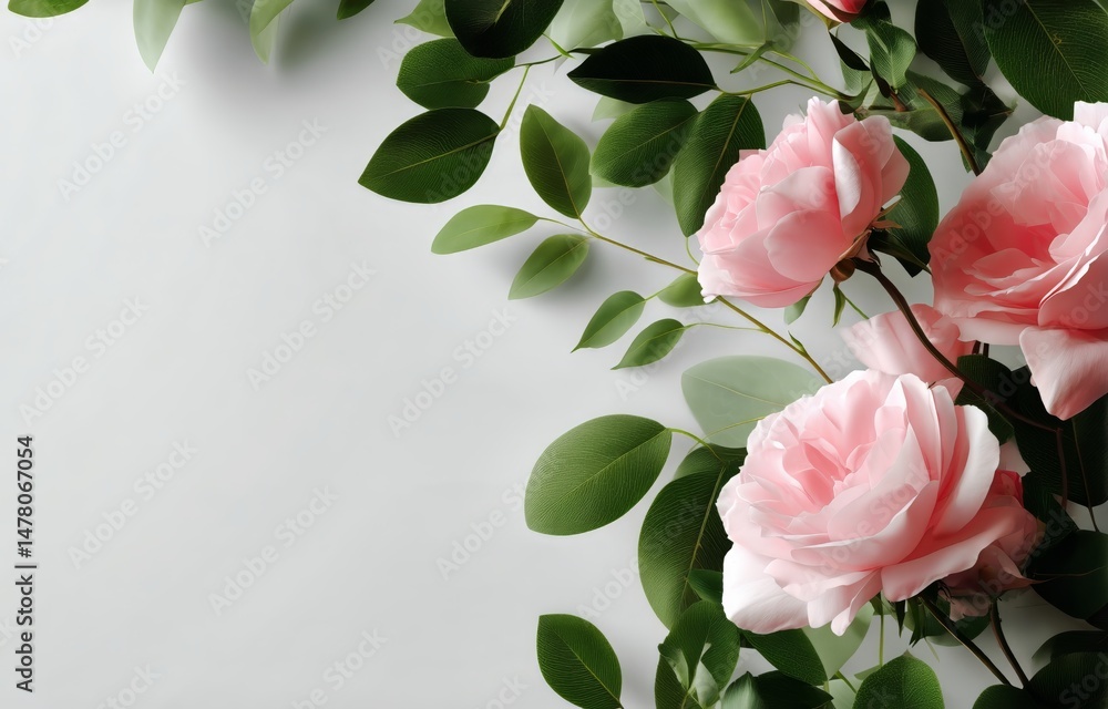 Elegant Pink Roses and Green Leaves Arranged Artistically on a Soft Background for a Serene Ambiance